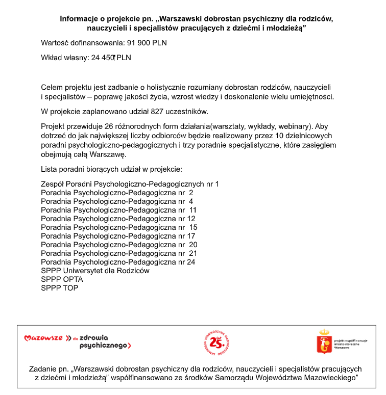 Informacje o projekcie "Warszawski dobrostan psychiczny dla rodziców, nauczycieli i specjalistów pracujących z dziećmi i młodzieżą"