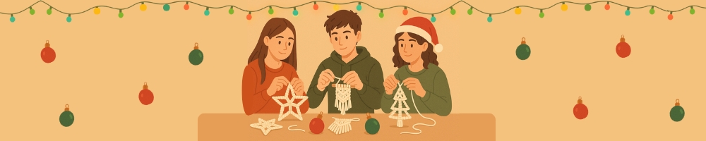 Baner - Świąteczna Makrama i Relaks.jpg - trójka nastolatków, jeden chłopak i dwie dziewczyny siedzący przy stole i plecący ze sznurków świąteczne makramy w świątecznej atmosferze. W tle wiszą świąteczne lampki i bombki.