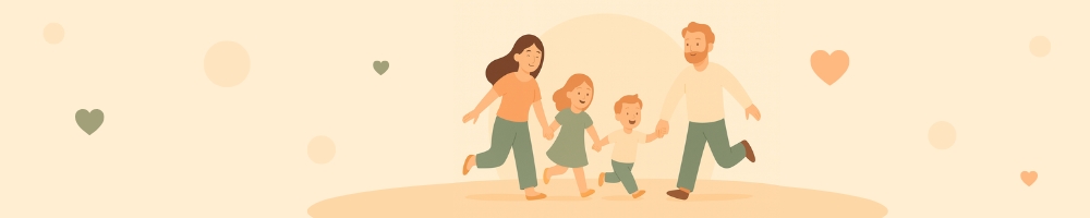 Baner: Sztuka bycia razem - ojciec i matka trzymający dwoje dzieci, chłopca i dziewvzynkę za ręce i wspólnie biegnący w jednym kierunku. W tle serduszka i bańki. Ciepła i spokojna kompozycja.