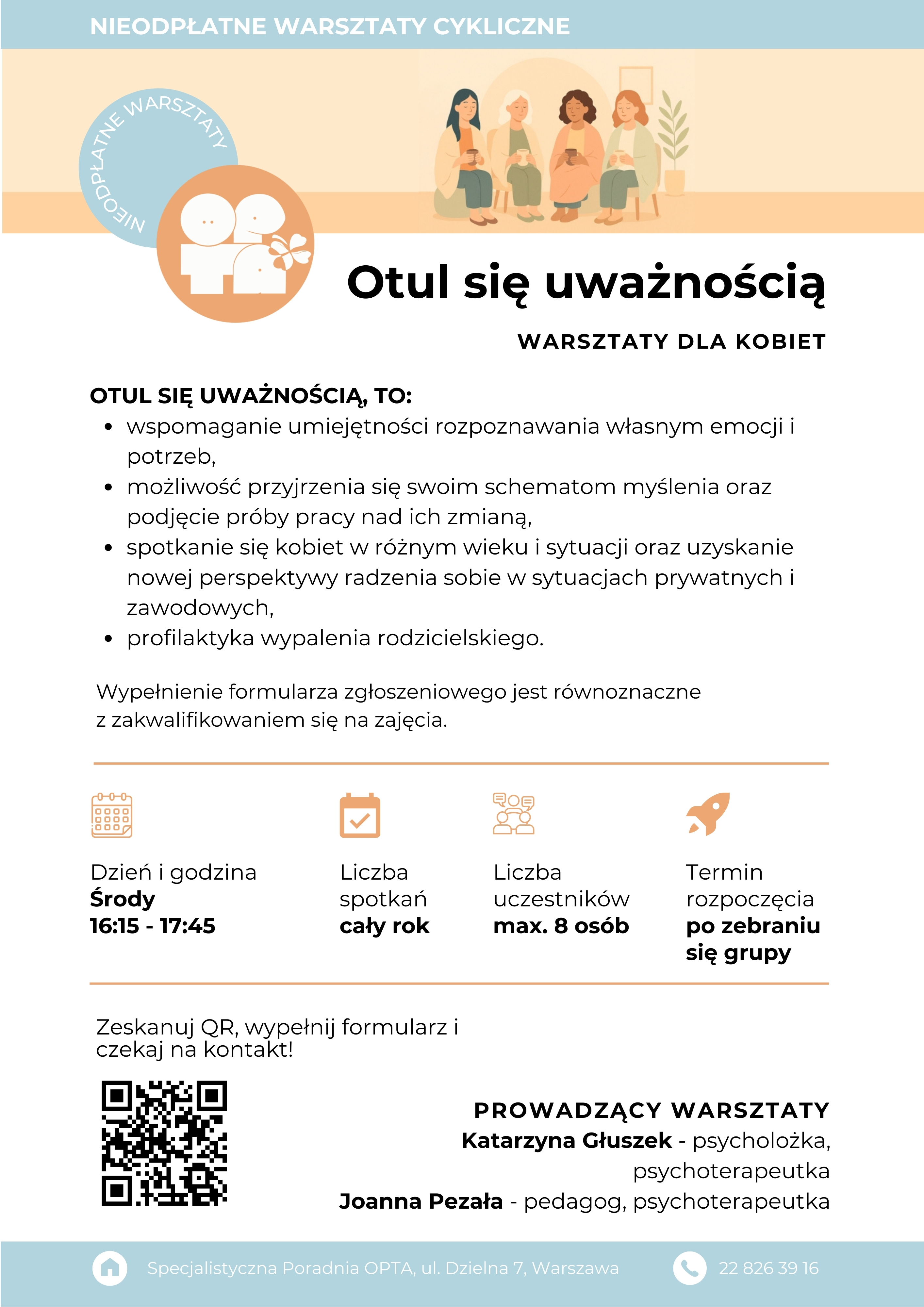 Ulotka: Otul się uważnością - kobiety, matki, opiekunki siedzące w kręgu, otulone kocami i trzymajace w dłoniach kubki z chebratą w przyjaznej i ciepłej atmosferze. 