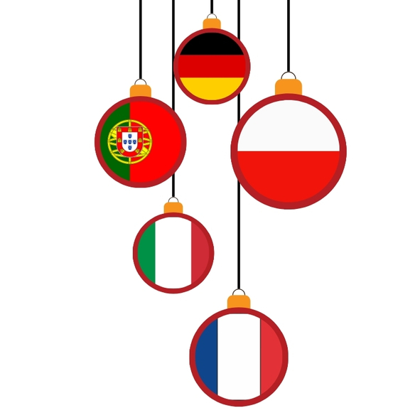 Flaki Niemiec, Portugalii, Włoch, Francji i Polski osadzone w bombkach świątecznych