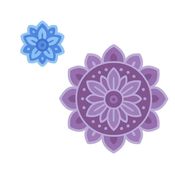 Dwie mandale, większa fioletowa i mniejsza niebieska nad większą