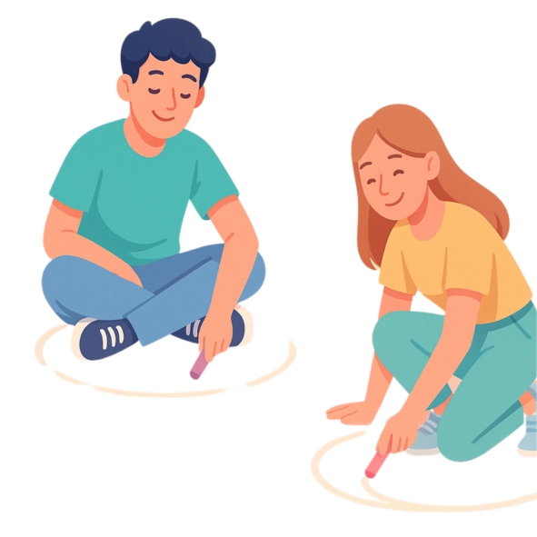 Dziewczyna i chłopak rysujący dookoła siebie kreda swoje granice