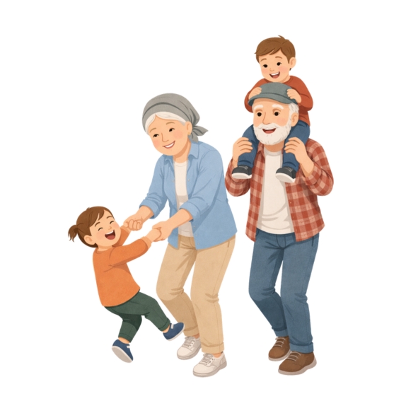 Dziadek i babcia bawiący się ze swoimi wnukami na spacerze