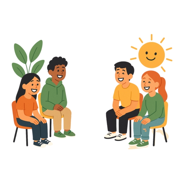 Drupa nastolatków w ieku od 12 do 13 lat siedzi w kółku i rozmawia ze sobą w przyjaznej i radosnej atmosferze