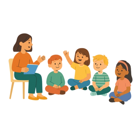 Grupa dzieci w wieku od 7 do 9 lat siedząca w kółku i rozmawiająca ze sobą oraz z panią socjoterapeutką. Jedna dziewczynka podnosi rękę, aby zadać pytanie. 