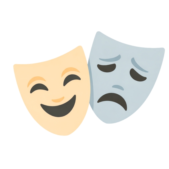 dwie maski teatralne - po lewej radosna komediowa, po prawej dramatyczna smutna