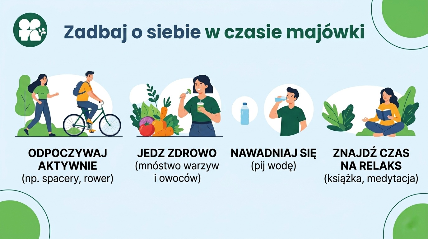 Grafika edukacyjna z hasłem „Zadbaj o siebie w czasie majówki”. Przedstawia cztery ilustracje: aktywny wypoczynek (spacer i jazda na rowerze), zdrowe jedzenie (warzywa i owoce), nawadnianie (picie wody) oraz relaks (czytanie książki/medytacja).