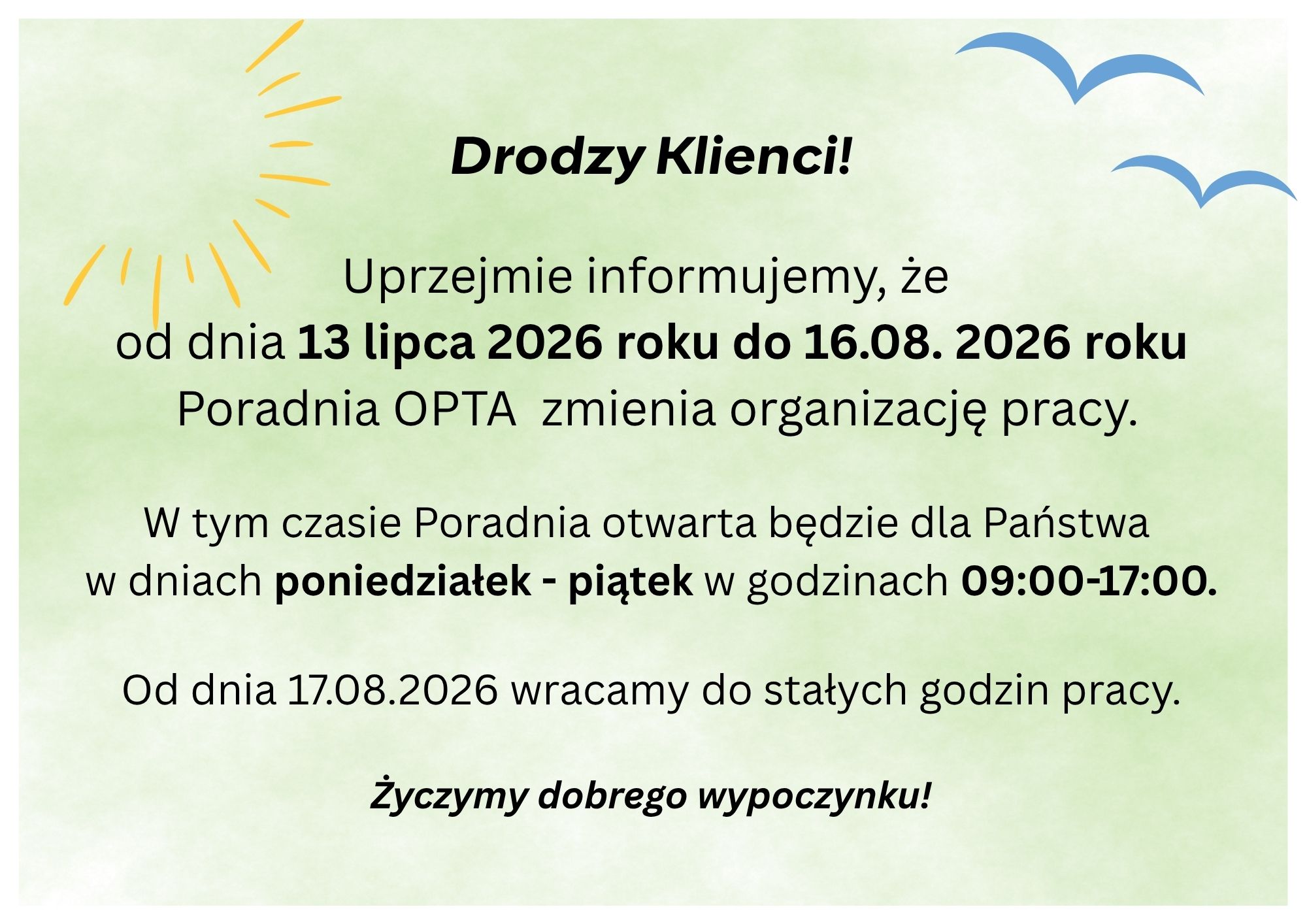 Godziny pracy Poradni OPTA w wakacje