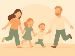 Kafelek - Sztuka bycia razem: matka i ojciec trzy6mający dwójkę dzieci w wieku 8 i 24 lat za ręce, biegnący razem w jednym kierunku ku wspólnemu szczęściu. Przyjazna atmosfera, delikatne kolory. 