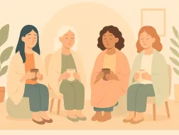 Kobiety, matki, opiekunki siedzace w kręgu, otulone kocami, trzymające w dłoniach kubki z herbatą w ciepłej, przyjaznej atmosferze