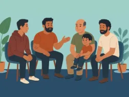 Czterech mężczyzn siedzących w kółku i rozmawiających ze sobą. Na kolanach jednego z nich siedzi jego syn.jpg