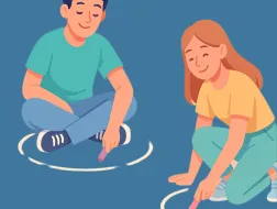 Dwoje nastolatków, chłopak i dziewczyna rysujący kredą wokół siebie swoje branice