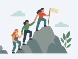 Trzy trzymające się za ręce kobiety, jedna z dzieckiem w temblaku wspina się na szczyt góry. Kobieta najwyżej umieszcza flagę na szczycie góry.jpg