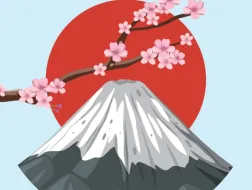 Góra Fuji i wznoszące się nad nią czerwone słońce orz gałąź z kwiatami wiśni