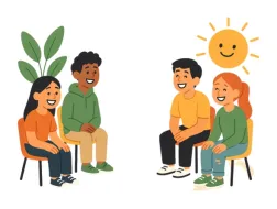 Drupa nastolatków w ieku od 12 do 13 lat siedzi w kółku i rozmawia ze sobą w przyjaznej i radosnej atmosferze