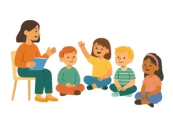 Grupa dzieci w wieku od 7 do 9 lat siedząca w kółku i rozmawiająca ze sobą oraz z panią socjoterapeutką. Jedna dziewczynka podnosi rękę, aby zadać pytanie. 