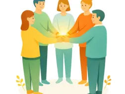 Pięcioro dorosłych stojących w kole i trzymających dłonie po środku, gdzie unosi się kula ciepłego, wspierającego światła.