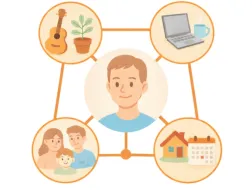 Osoba dorosła po środku i dookoła niej połączone z nią pola symbolizujące rodzinę, hobby, dom i pracę.
