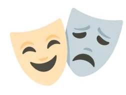 dwie maski teatralne - po lewej radosna komediowa, po prawej dramatyczna smutna