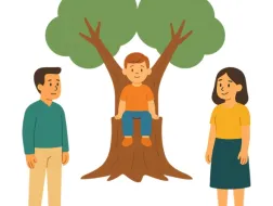 Dziecko siedzące na pniu drzewa i rodzice stojący po obu stronach drzewa