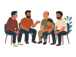 Grupa ojców siedzących w kółku rozmawiających ze sobą