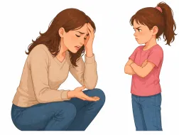 Ilustracja przedstawiająca zmęczoną i sfrustrowaną mamę kucającą naprzeciwko małej dziewczynki. Mama trzyma rękę na czole i gestykuluje drugą dłonią, jakby tłumaczyła coś lub próbowała opanować emocje. Dziewczynka stoi z założonymi rękami i obrażoną miną, odwracając lekko wzrok. Oboje wyglądają na napiętych emocjonalnie, co sugeruje konflikt, trudną rozmowę lub moment frustracji w relacji rodzic–dziecko.