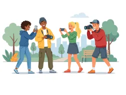 Ilustracja przedstawia czworo nastolatków spędzających czas w parku z aparatami fotograficznymi i telefonami. Uśmiechają się, robią sobie nawzajem zdjęcia i wspólnie fotografują otoczenie. W tle widoczne są drzewa, ławka oraz zarys miejskich budynków. Grafika symbolizuje kreatywność, współpracę, rozwijanie pasji fotograficznej i budowanie relacji z rówieśnikami.
