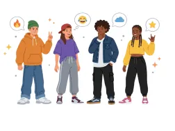 Ilustracja przedstawia czworo nastolatków stojących obok siebie, z których każde wyraża inny nastrój lub emocję. Nad ich głowami znajdują się symbole w dymkach: płomień, śmiejąca się emotka, chmura i gwiazda, nawiązujące do różnych stanów emocjonalnych. Grafika symbolizuje różnorodność emocji, indywidualne przeżycia oraz akceptację odmiennych sposobów odczuwania i wyrażania siebie.