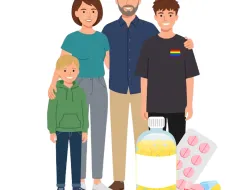 Ilustracja przedstawia czteroosobową rodzinę stojącą razem: kobietę, mężczyznę oraz dwoje dzieci. Starsze dziecko ma na koszulce symbol tęczowej flagi. Obok rodziny znajdują się opakowania leków i tabletki, symbolizujące leczenie psychiatryczne oraz wsparcie zdrowia psychicznego. Grafika podkreśla rolę rodziny i rodziców w towarzyszeniu dziecku w procesie leczenia, w tym dziecku LGBT+.