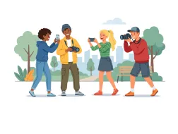 Ilustracja przedstawia grupę młodych osób fotografujących w parku za pomocą aparatów fotograficznych i telefonów. Grafika symbolizuje twórczą pracę z fotografią i wspólne odkrywanie otoczenia.