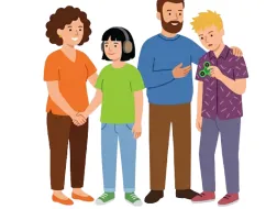Ilustracja przedstawia rodziców stojących z dwojgiem młodych osób. Jedna ma słuchawki wyciszające, druga trzyma fidget spinner. Grafika symbolizuje neuroróżnorodność oraz rodzinne wsparcie.