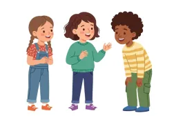 Ilustracja przedstawia troje dzieci prowadzących przyjazną rozmowę. Dzieci uśmiechają się, słuchają siebie i gestykulują, co symbolizuje naukę komunikacji i budowania relacji.