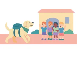Ilustracja przedstawia czworo dzieci witających psa terapeutycznego z plecakiem. Scena symbolizuje wspólne zajęcia, budowanie relacji i rozwijanie umiejętności społecznych.