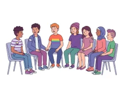 Ilustracja przedstawia różnorodną grupę młodych osób siedzących razem w kręgu. Część uczestników ma elementy ubioru w barwach i symbolach związanych ze społecznością LGBTQ+. Osoby rozmawiają, trzymają się za ręce i okazują sobie wsparcie, co symbolizuje bezpieczną przestrzeń, akceptację i wzajemne zrozumienie.
