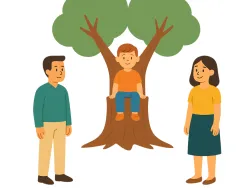 Ilustracja przedstawia dziecko siedzące na pniu dużego drzewa, pomiędzy stojącymi po przeciwnych stronach rodzicami. Grafika symbolizuje sytuację dziecka i rodziny doświadczającej rozstania.