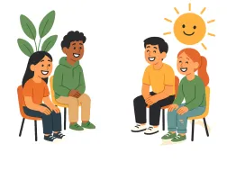 Ilustracja przedstawia czworo młodych osób siedzących naprzeciwko siebie podczas spotkania grupowego. Uczestnicy uśmiechają się i zwracają ku sobie, co symbolizuje bezpieczną przestrzeń do rozmowy, budowania relacji i wzajemnego wsparcia.