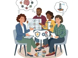 Ilustracja przedstawia czworo specjalistów podczas wspólnego spotkania i omawiania przypadku. Wokół widoczne są symbole relacji, wiedzy, wsparcia, bezpieczeństwa i poszukiwania rozwiązań.