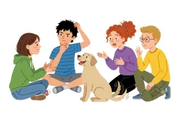 Ilustracja przedstawia grupę młodych osób siedzących w kręgu z psem terapeutycznym. Uczestnicy rozmawiają i gestykulują, ćwicząc komunikację oraz umiejętności społeczne.