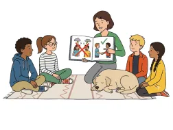 Ilustracja przedstawia osobę prowadzącą zajęcia z grupą dzieci i psem. Prowadząca pokazuje ilustracje symbolizujące konflikt oraz spokojne porozumienie.
