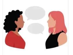 Ilustracja przedstawiająca profiie dwóch kobiet zwróconych do siebie twarzami, z dwiema pustymi dymkami rozmowy pomiędzy nimi.