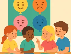 Ilustracja przedstawiająca czworo dzieci siedzących przy stole i rozmawiających ze sobą. W tle wisi plakat z balonami symbolizującymi różne emocje (uśmiech, smutek, złość).
