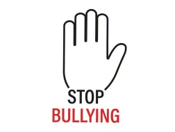 Liniowy sygnet uniesionej dłoni z napisem „STOP BULLYING” poniżej.