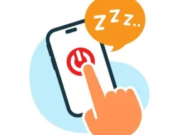 Rysunek dłoni wyłączającej smartfon poprzez naciśnięcie czerwonego przycisku zasilania, z dymkiem zawierającym litery „Zzz..”.