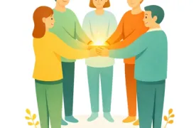 Pięcioro dorosłych stojących w kole i trzymających dłonie po środku, gdzie unosi się kula ciepłego, wspierającego światła.