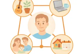 Osoba dorosła po środku i dookoła niej połączone z nią pola symbolizujące rodzinę, hobby, dom i pracę.