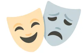 dwie maski teatralne - po lewej radosna komediowa, po prawej dramatyczna smutna