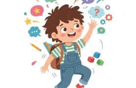 Kolorowa ilustracja przedstawiająca uśmiechnięte dziecko w ruchu, z plecakiem i rozwichrzonymi włosami. Wokół chłopca unoszą się symbole związane z myśleniem i aktywnością: dymki z pytajnikami, żarówka, gwiazdki, strzałki, koła zębate oraz kolorowe klocki. Dziecko wygląda na pełne energii, ciekawe świata i spontaniczne.