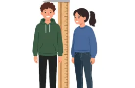 Ilustracja przedstawia dwoje uśmiechniętych nastolatków stojących obok wzrostomierza. Chłopak w zielonej bluzie z kapturem jest mierzony, a dziewczyna w niebieskiej bluzie stoi obok i patrzy na niego. Grafika symbolizuje porównywanie się z innymi, ocenianie siebie oraz temat samooceny i dorastania.