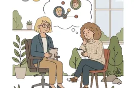 Ilustracja przedstawia dwie kobiety siedzące naprzeciwko siebie podczas indywidualnej superwizji. Obie trzymają notesy. Nad nimi znajduje się symboliczna chmura myśli z wizerunkami dwóch osób połączonych liniami, nawiązująca do omawiania relacji i pracy z klientem. Scena rozgrywa się w spokojnym, jasnym wnętrzu z roślinami i dużym oknem.